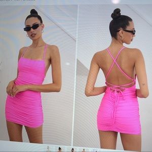 cute hot pink rouched mini dress with open back and adjustable straps